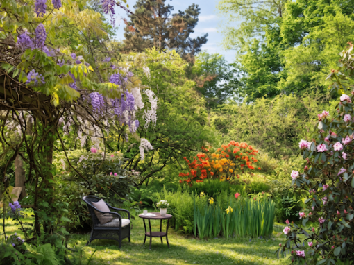 Parkähnlicher Campusgarten mit Glyzinien und Rhododendren am Campus Sollbrüggen